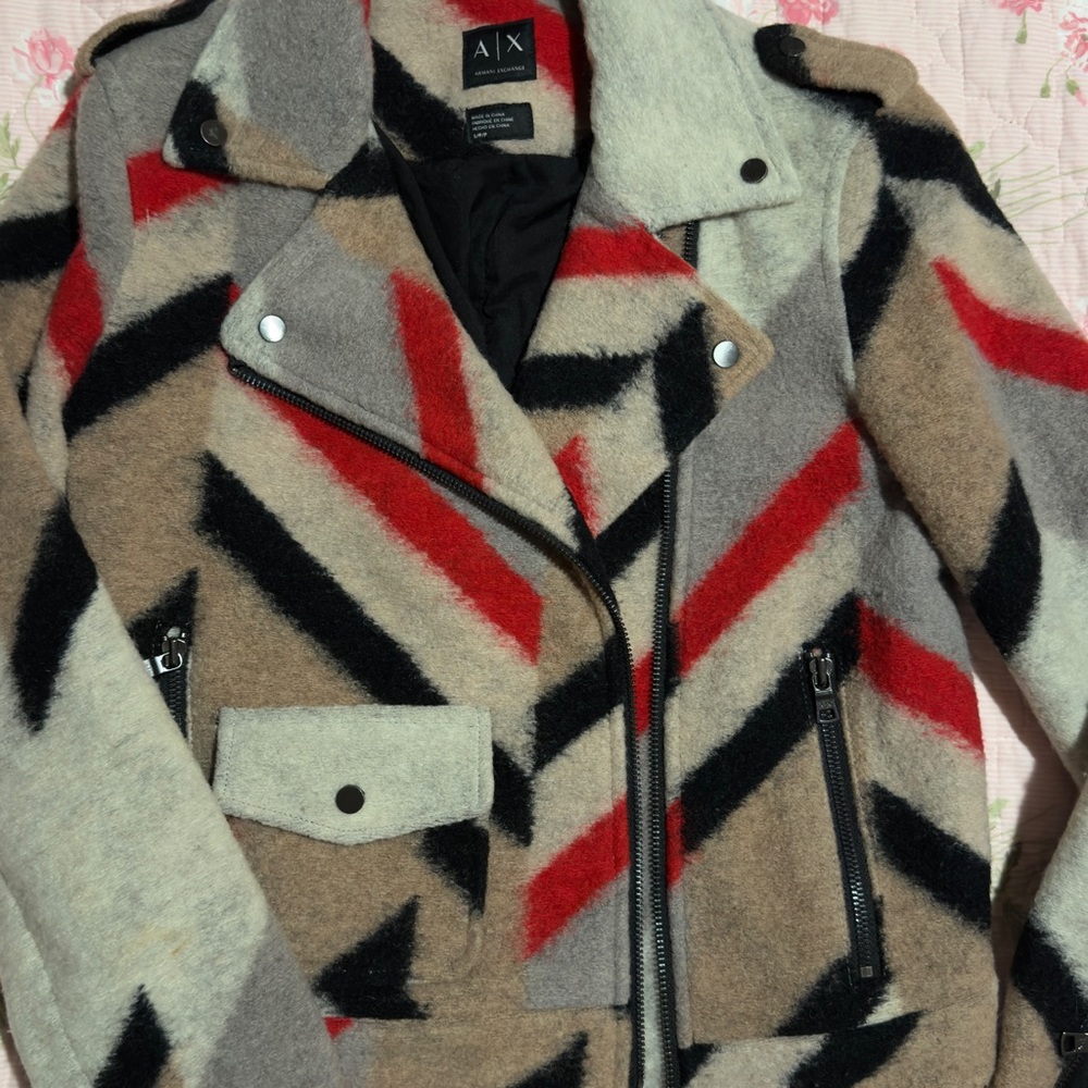 A|X Armani Exchange Women's Multicolor Wool-Blend Moto Jacket - Red/Black/Tan